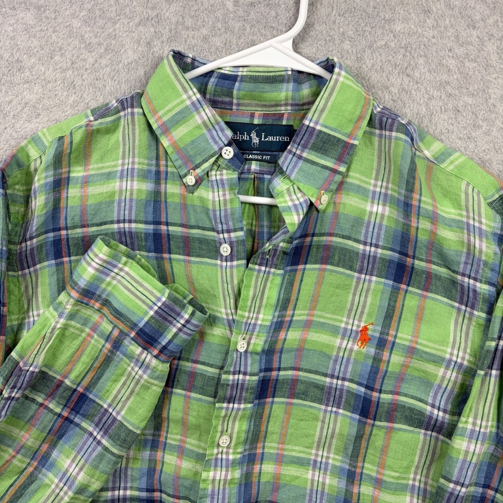 Ralph Lauren Shirt Mens Medium Green Plaid Linen Long Sleeve Button Down Classic